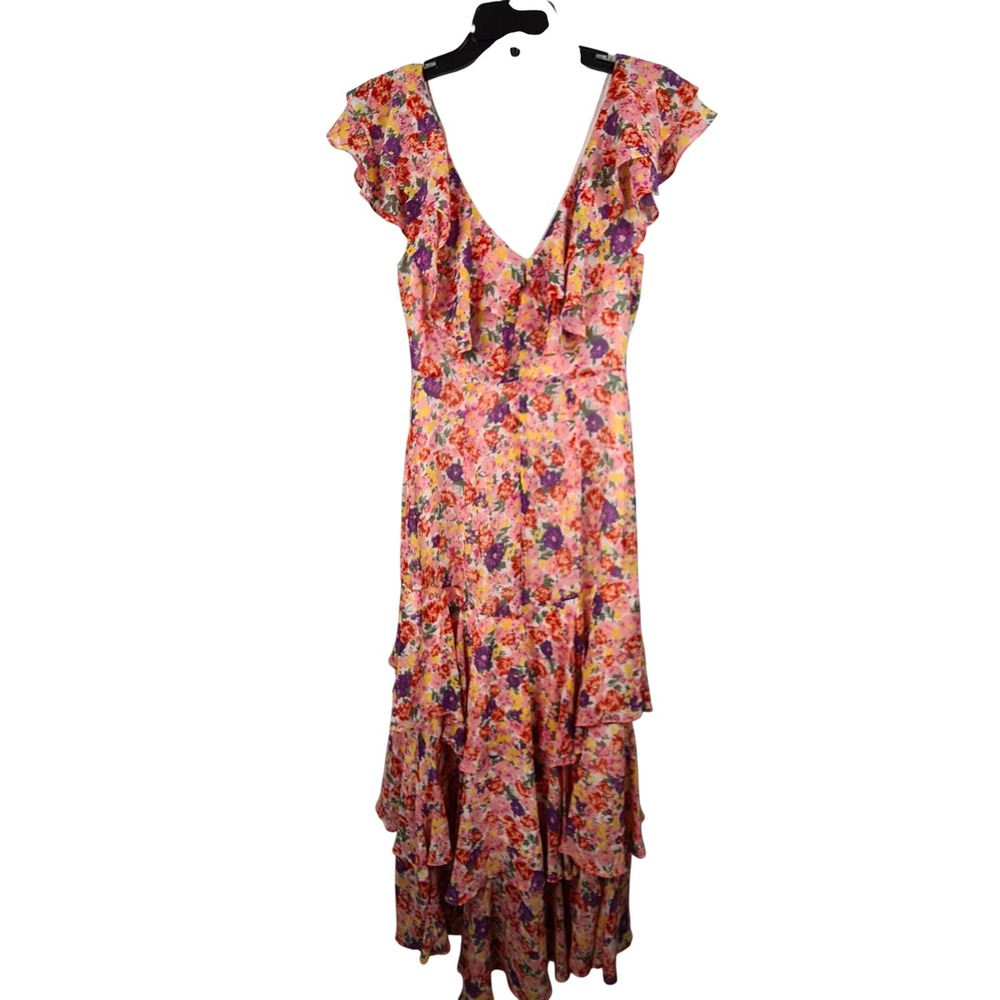 WAYF Chelsea Floral Tiered Ruffle Maxi Dress Pink Purple V-Neck High-Low Size S - Picture 12 of 12